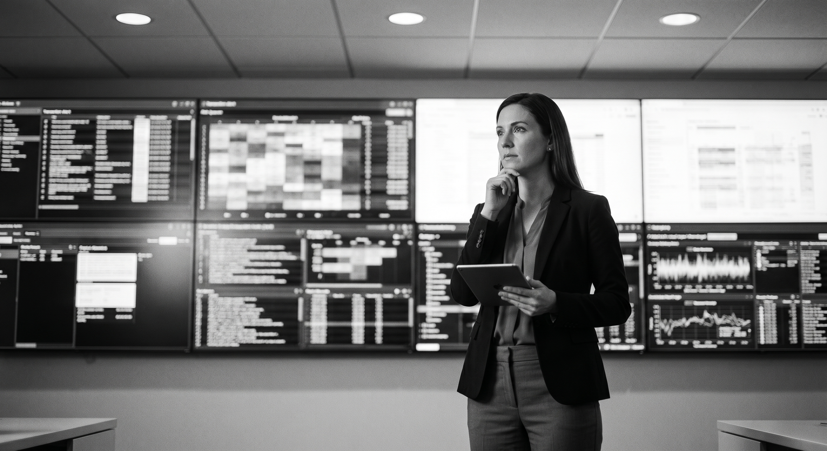 Transaction-monitoring dashboards on the wall of an AML operations room.