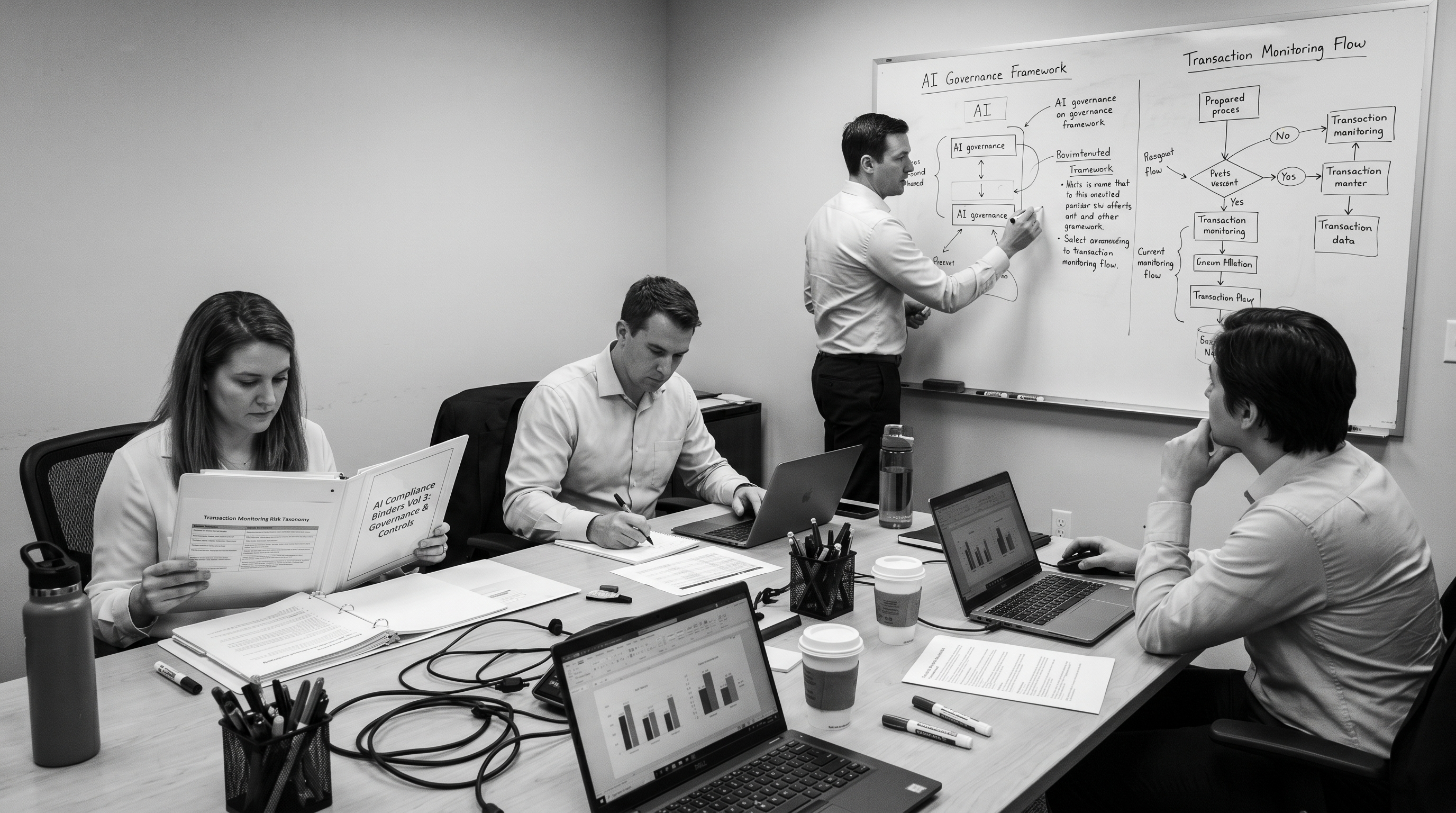 A four-person audit team mid-engagement, papers and laptops on the table.