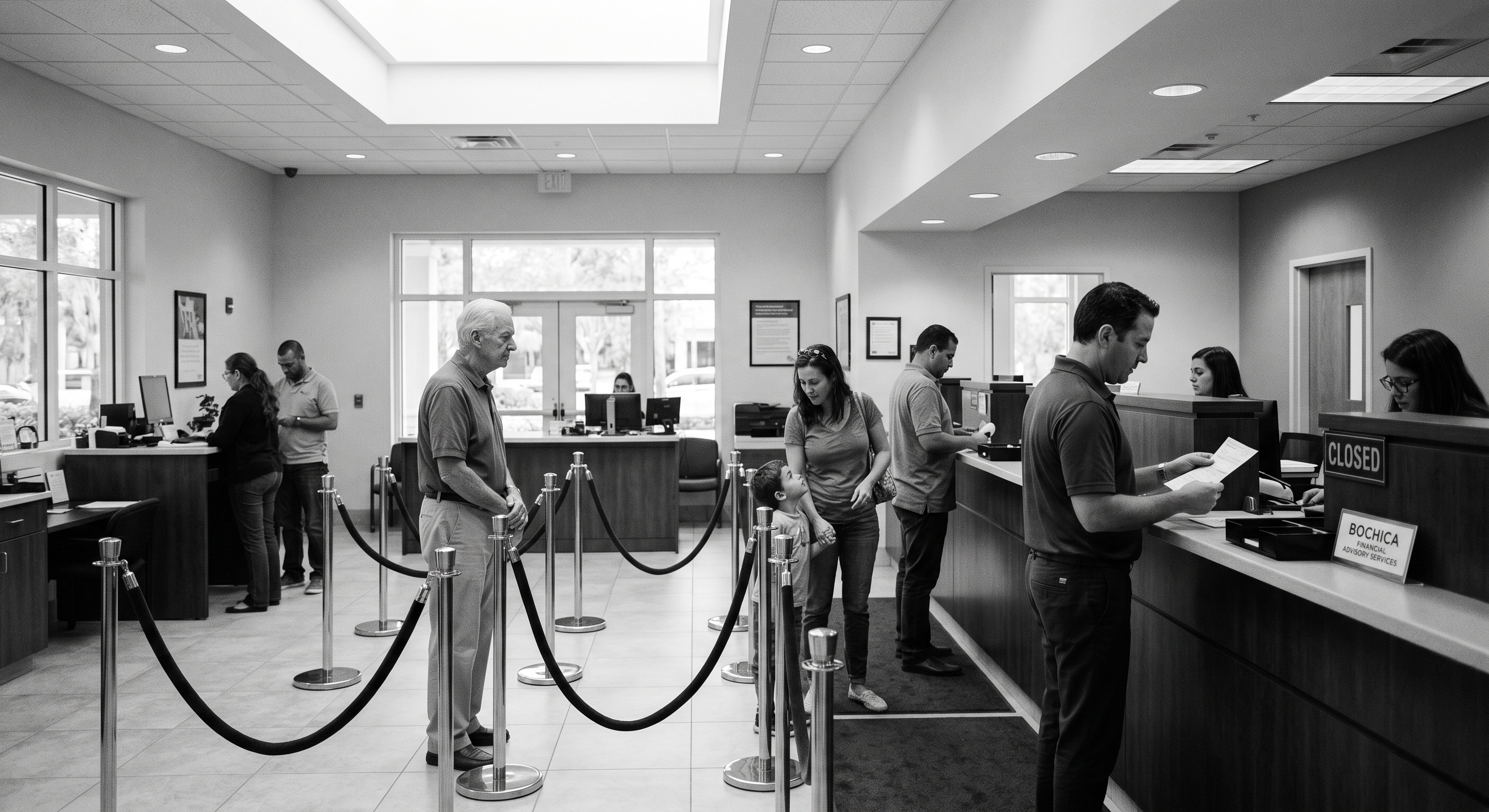 Members at the teller counter of a community-scale financial institution, mid-morning.