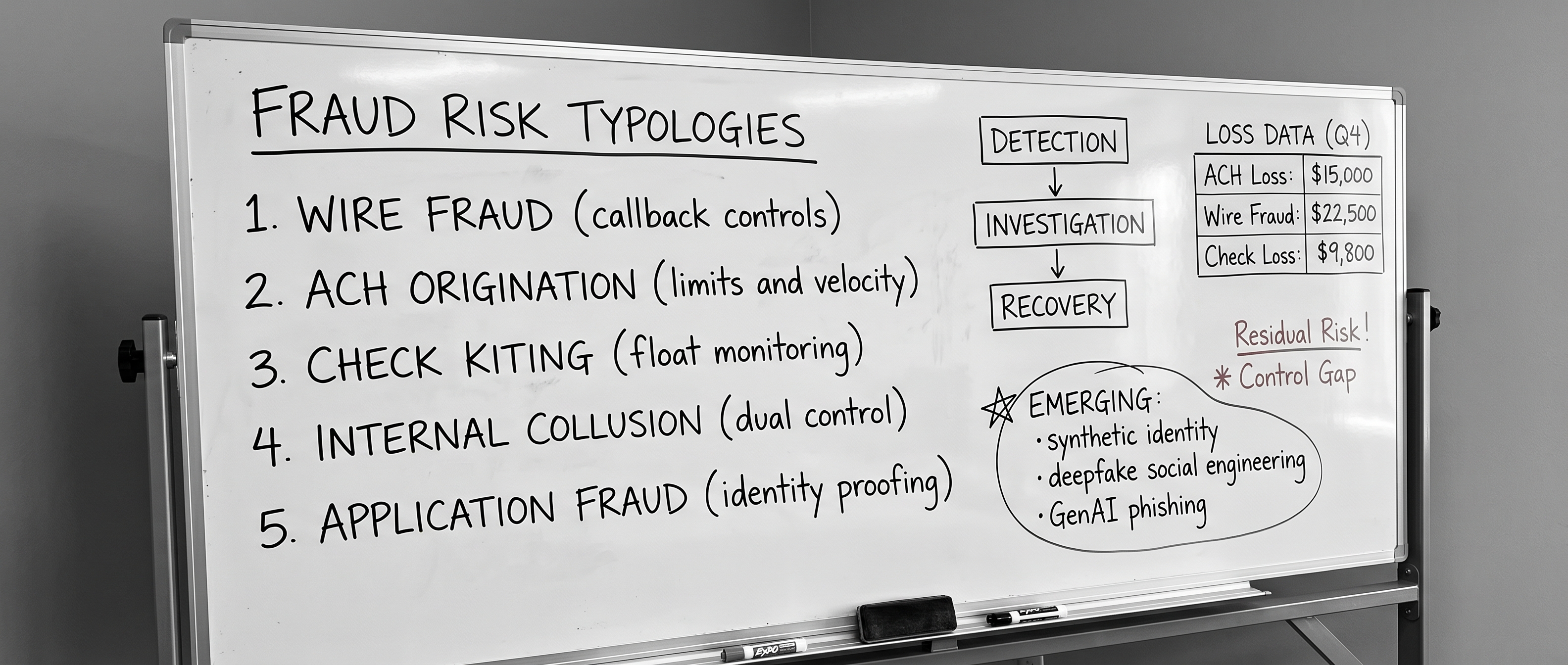 A whiteboard mapping fraud risk typologies, a detection-to-recovery flow, and emerging AI-era threats.