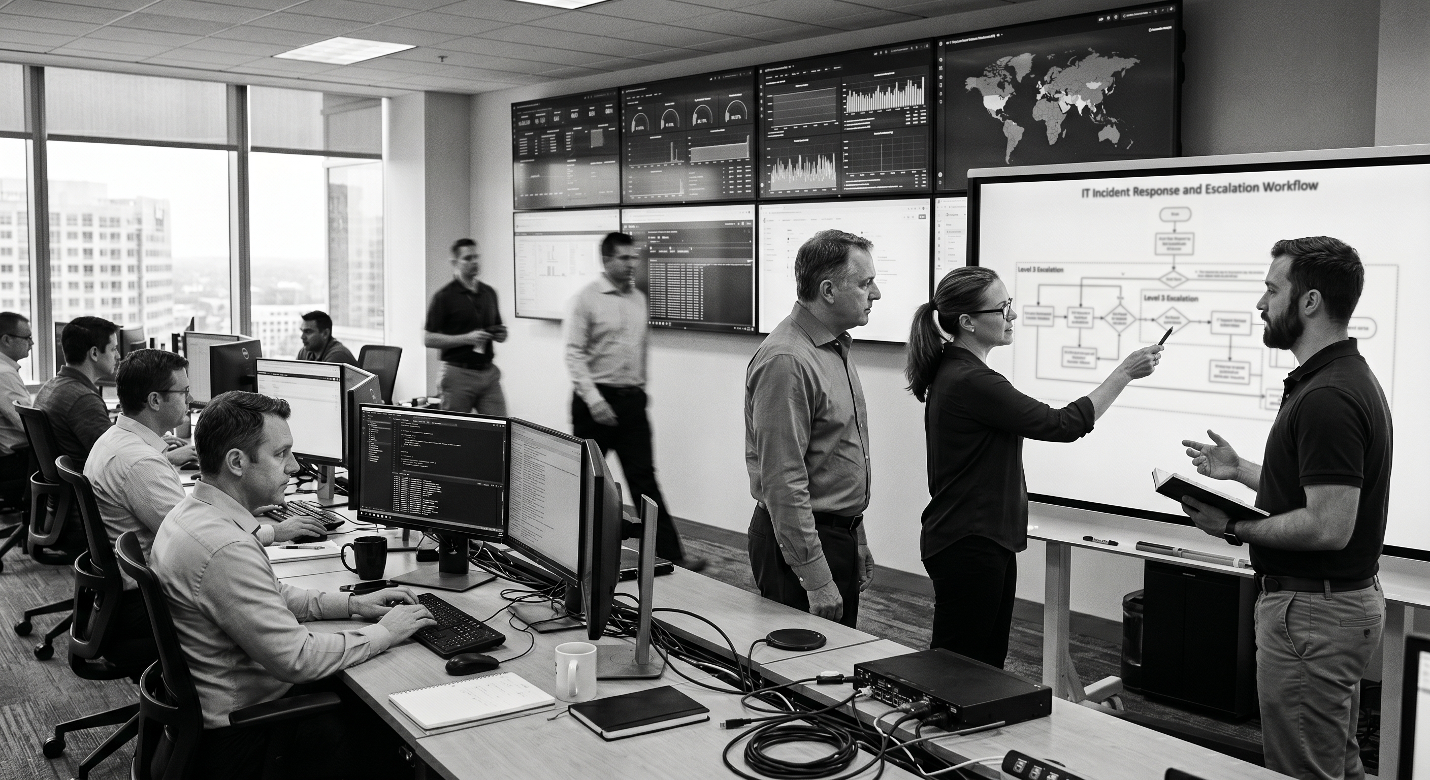 An IT operations center mid-incident review.