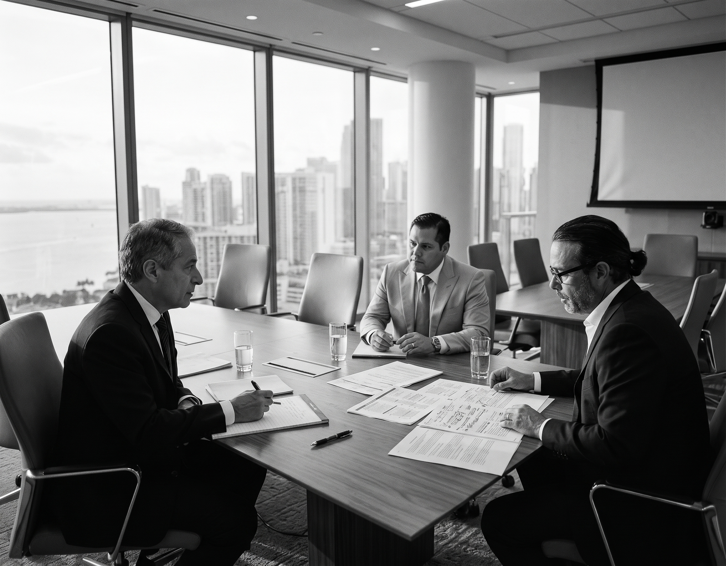 Three partners reviewing workpapers together, hands at the table.