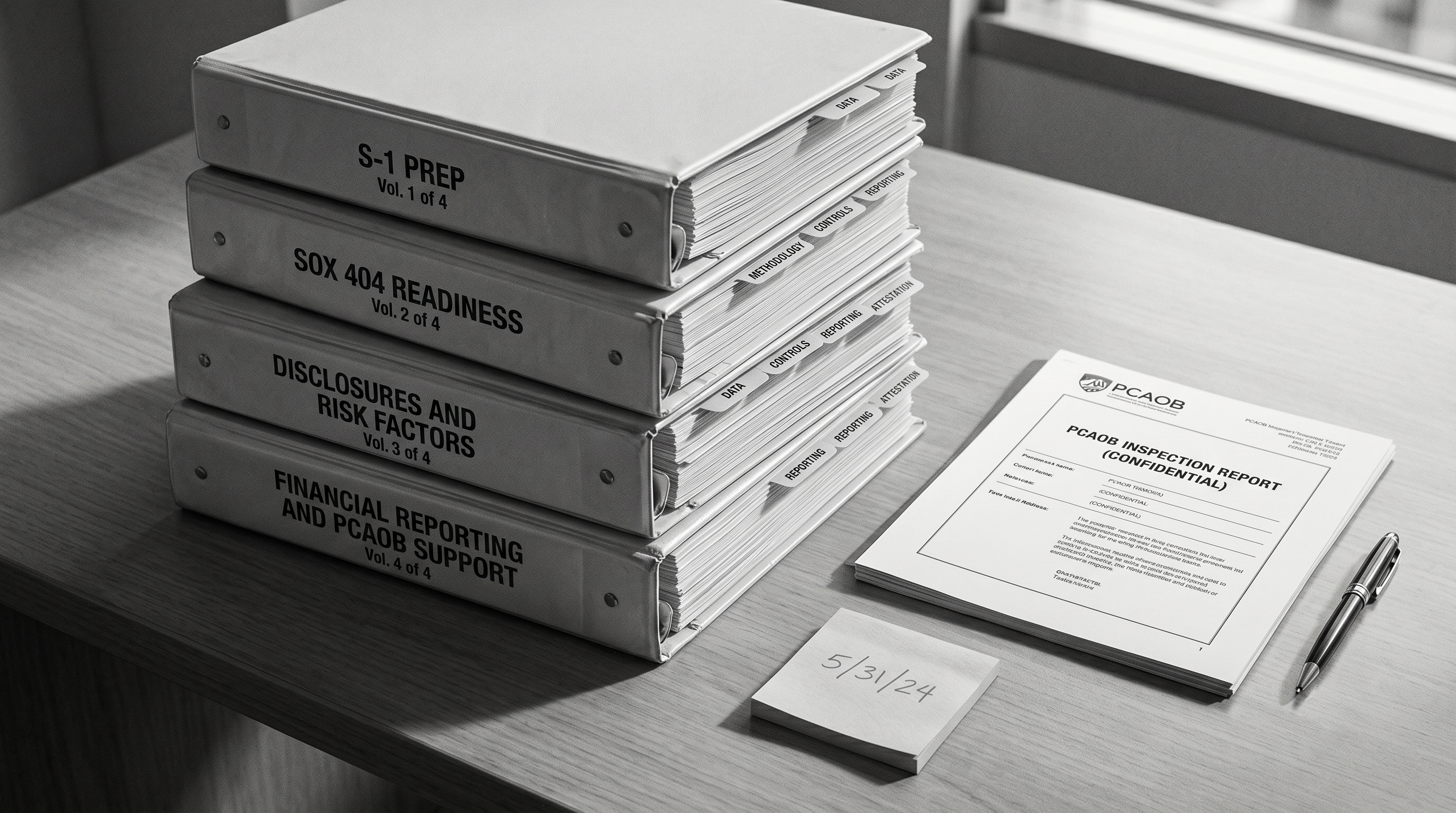 A stack of S-1 binders prepared for a first-time SEC filer.