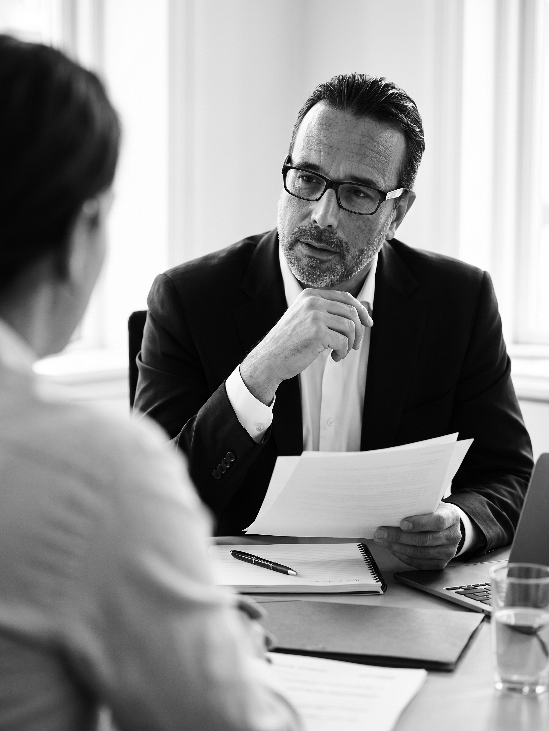 Edgar Osuna in conversation across a desk during a client engagement.